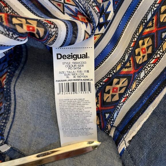 Desigual Womens Sleeveless Denim Shirt Naha XL V-Neck Button Up Aztec Side Panel - Picture 6 of 7